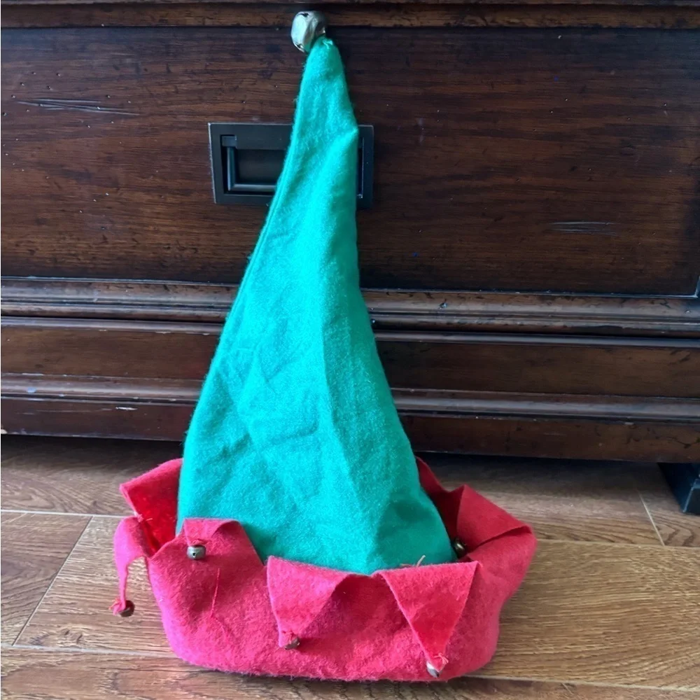Festive Green and Red Elf Hat with Bells